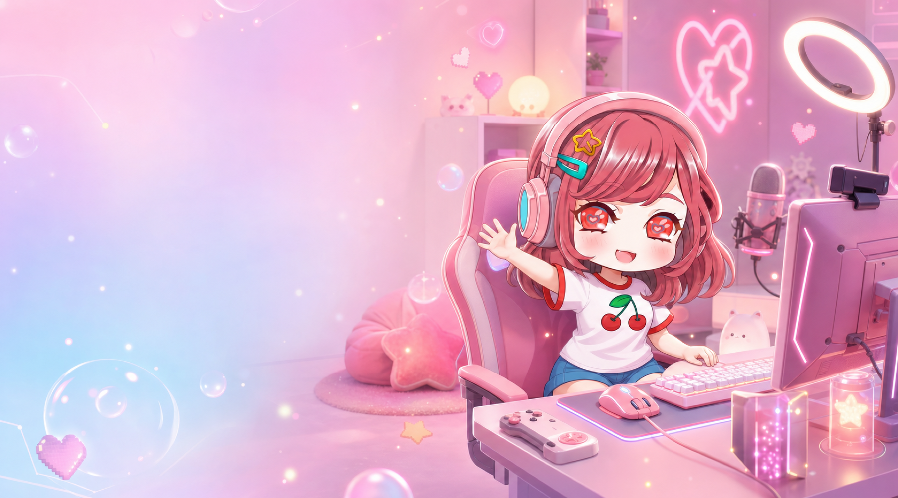パステルカラーの配信部屋で手を振るFanFaireLiveのイメージキャラクター