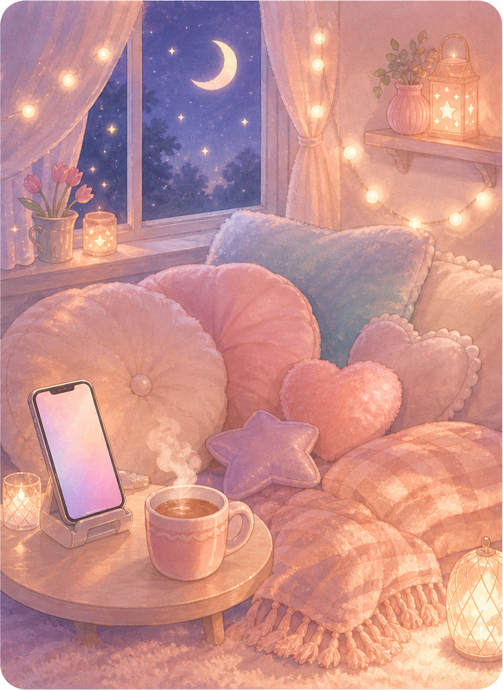 夜のお部屋でくつろぎながらスマホで配信するイメージ