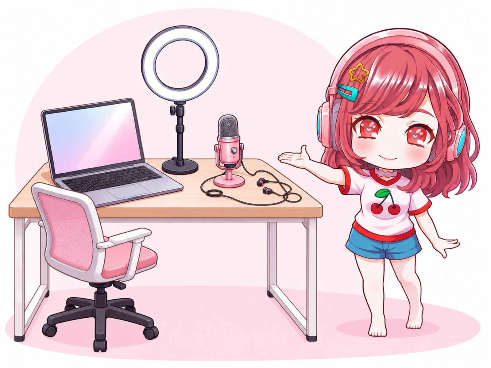 在宅配信に必要なものの例：デスク、スマホかノートPC、リングライト、マイク付きイヤホン